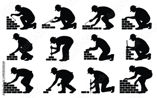 Tableau sur toile Silhouettes of workers laying bricks in various positions depicting construction