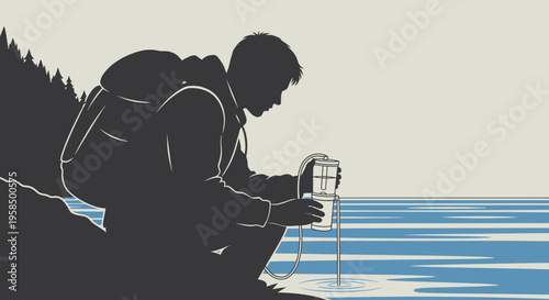 Man using portable water filter near lake