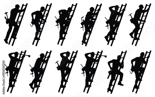 Silhouettes of people climbing and descending ladders in various dynamic poses isolated on a clean white background showcasing motion and activity in a minimalist vector art style