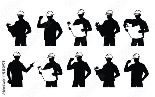 Silhouettes of construction workers in helmets performing various actions in minimalist black and white style holding tools and blueprints