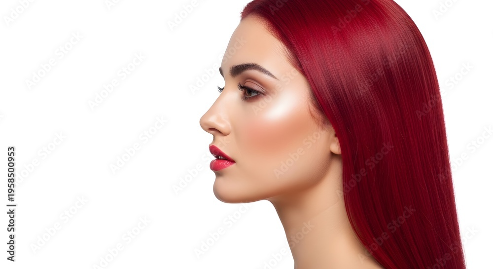 Naklejka premium Beautiful Woman with Red Hair and Makeup on White Background
