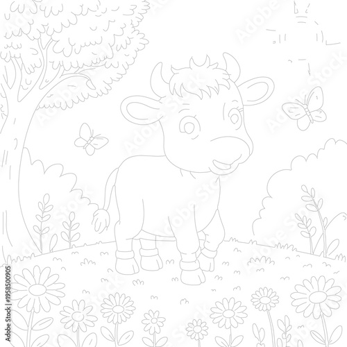 Vector illustration of a smiling cow in a field with flowers and butterflies
