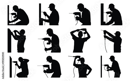 Silhouettes of diverse construction workers performing tasks such as drilling hammering and measuring against a clean white background showcasing various poses and actions