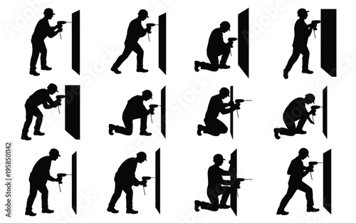 Silhouettes of armed tactical operators in dynamic poses aiming weapons crouching and kneeling behind cover depicted in a set of isolated black and white figures for training