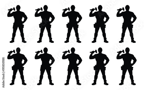 Silhouettes of muscular individuals drinking from bottles in various poses showcasing fitness hydration and active lifestyle themes against a clean white background