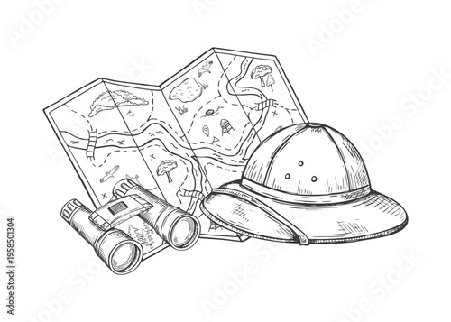 Hand drawn tourist map, pair of binoculars and child safari hat vector isolated illustration. Map with natural terrain, marked bird habitats etching drawing. Wildlife exploration and family adventure