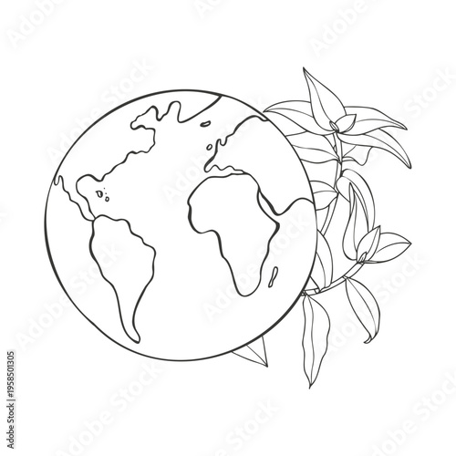 Earth planet and tropical leaves vector monochrome illustration. Globe with flowers and tradescantia plant symbolizing preservation of nature, greening and clean air. Ecological concept
