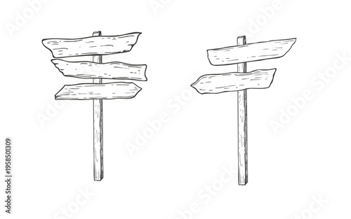 Wooden arrow pointer way clip art vector isolated black and white illustration. Hand drawn empty tourist sign set for forest walk or hiking graphic sketch. Signboards, navigation and route finding map