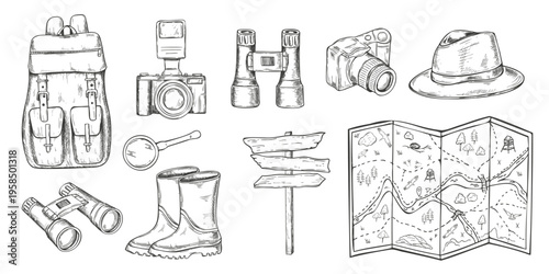 Travel and outdoor adventure equipment clip art vector isolated illustration. Backpack, rubber boots, safari hat, camera, binoculars, magnifying glass, terrain map, and wooden signpost set.