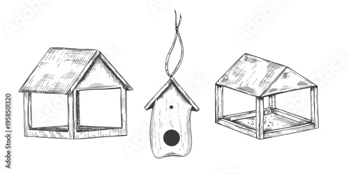 Two wooden bird feeders and classic birdhouse or nesting box set vector illustration. Monochrome elements for feeding birds and animals. Inviting birds to feed and nest in a natural backyard setting