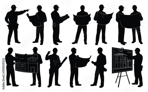 Silhouettes of engineers and architects analyzing blueprints and discussing project plans in a professional setting detailed black and white vector illustration for design