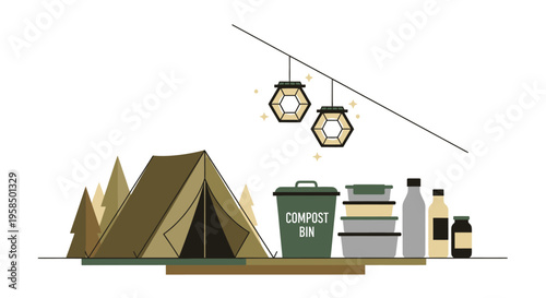 Camping eco friendly setup with compost bin and reusable containers