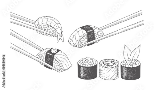 Black and white line of various sushi pieces held by chopsticks and arranged food