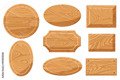 Cartoon wood sign bundle, polished finish, soft highlights and depth, oval and rectangular plaques, uniform style, light neutral background, UI asset style