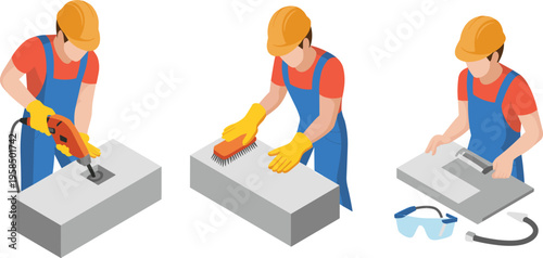 Construction worker drilling brushing and cutting concrete block illustration set showing manual labor tools safety equipment isometric flat vector design