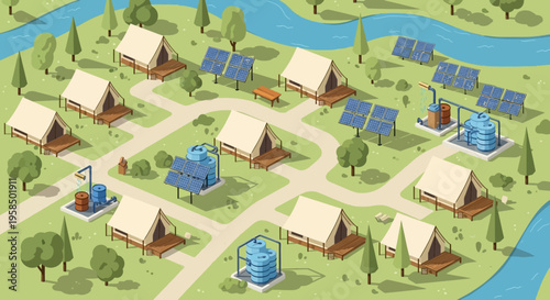 Eco friendly campsite with solar panels and water tanks