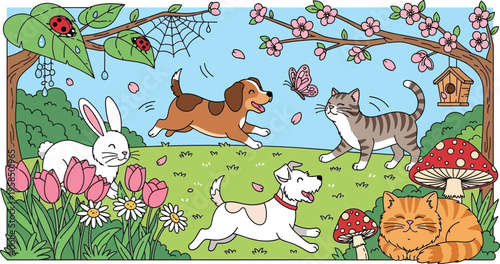Adorable cartoon collection of happy pets including dogs cats and a rabbit playing outdoors in spring.