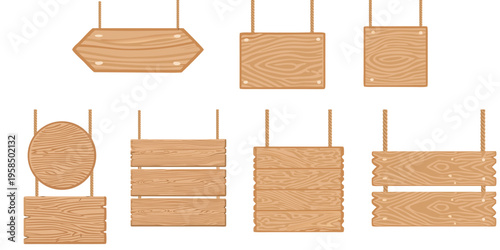 A versatile set of hanging wooden signboards in different shapes and arrangements, featuring detailed wood grain textures and suspended by ropes, ideal for rustic signage or decorative design projects