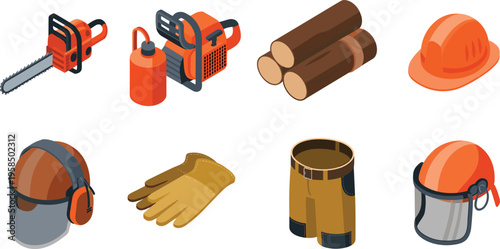 Forestry tools and safety equipment set with chainsaw fuel logs helmet gloves and protective gear isometric vector illustration collection