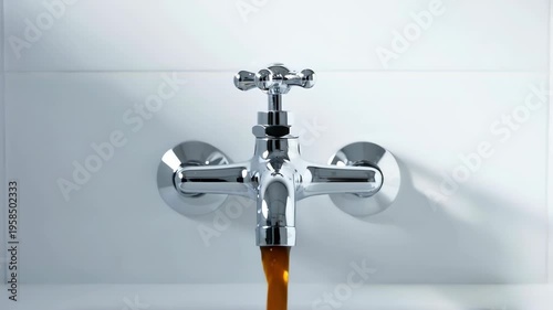 Human hand opening a shiny chrome faucet in a bathroom, revealing a stream of rusty, dirty, and polluted water flowing from the tap, symbolizing issues with water quality and contamination