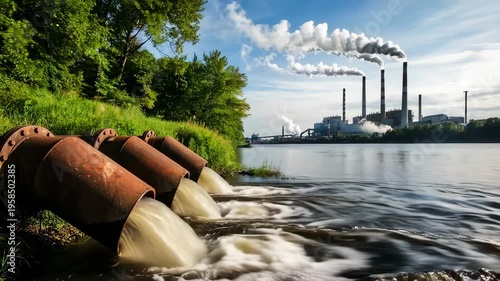 Toxic water discharging from industrial rusty pipes into a river next to a lush green forest, with a coal fired power plant emitting smoke and steam into the blue sky in the background