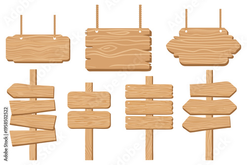 Set of cartoon wooden signboards, light brown wood texture with visible grain, different shapes and sizes, hanging with ropes and mounted on posts, clean vector illustration, flat design