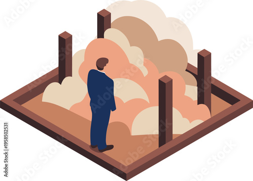 Isometric business risk concept with businessman standing in pit of dust collapse crisis danger uncertainty failure illustration scene