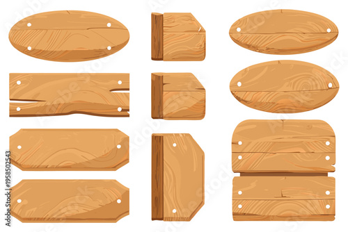Set of polished wooden signboards, smooth rounded edges, light oak texture with subtle grain, soft highlights and shadows, clean vector illustration, arranged in rows