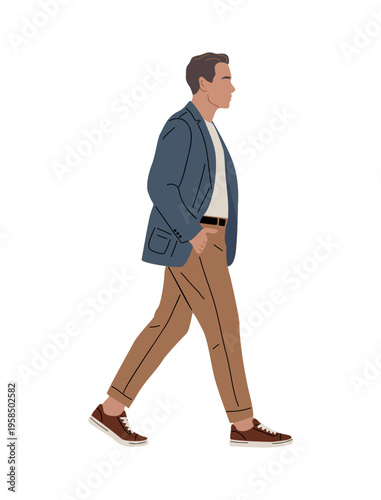 Man walks confidently in casual attire. He wears a blazer, trousers, and shoes. His posture suggests calm purpose and ease. Ideal for business, lifestyle, or urban concept visuals