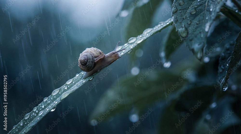 Obraz premium Snail on Leaf During Rain Shower in Moody Forest Atmosphere