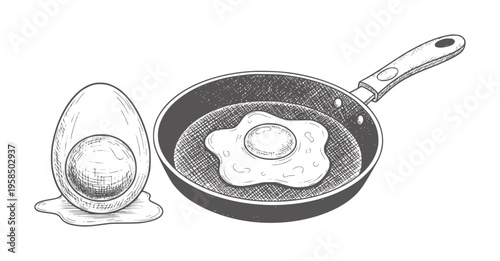 Hand drawn of a fried egg in a pan and a halved raw egg food