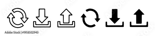 Upload download and refresh icons in outline and flat style, file transfer and refresh symbols, vector illustration eps file
