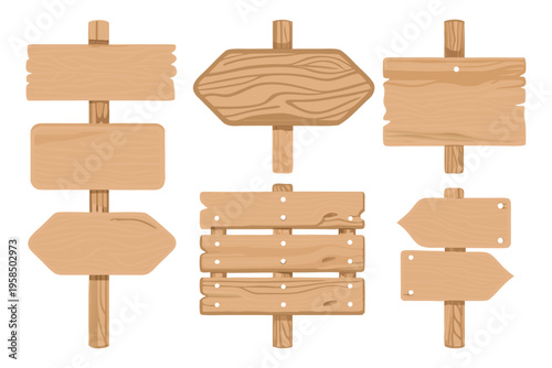 Wooden direction signs set, playful cartoon look, natural wood texture, multiple planks nailed together, slightly irregular shapes, vector art, isolated, soft shading