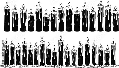 Burning candle silhouettes collection, dripping wax illustration set, black and white vector design, isolated decorative light elements, gothic mood ambiance