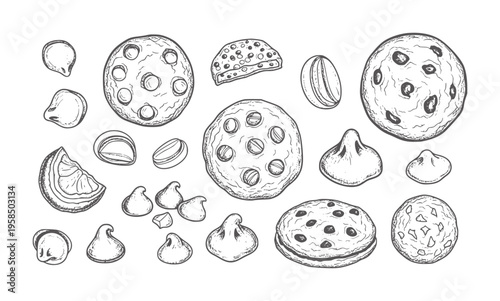 Hand drawn of assorted cookies and chocolate chips baking sweet