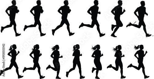 Running people silhouettes collection, male and female joggers set, fitness sport activity illustration, black and white vector isolated design