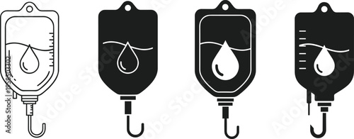 IV drip bag silhouettes, medical infusion equipment illustration, hospital treatment icon set, black and white vector healthcare design, isolated symbols