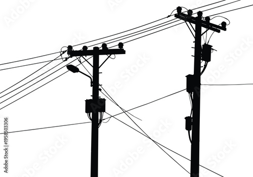 Silhouette of utility poles with crossarms, insulators, transformers, power lines, electricity distribution, urban infrastructure, industrial landscape, high voltage gridSilhouette of