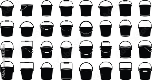 Bucket silhouettes collection, plastic and metal pail icons, cleaning container illustration, black and white vector set, isolated household equipment design