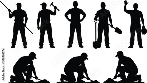 Construction worker silhouettes set with shovel, hammer and digging tasks, manual labor poses including standing, waving, and ground work illustration