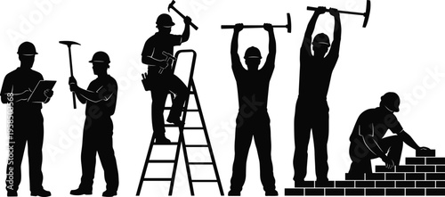 Construction worker silhouettes using hammer, ladder and bricklaying tools, diverse building activities including inspection, lifting, masonry work and industrial labor illustration