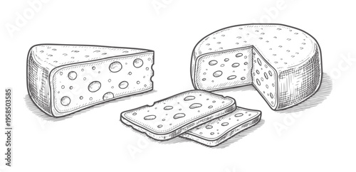 Hand drawn Swiss cheese wedges and slices with holes food dairy
