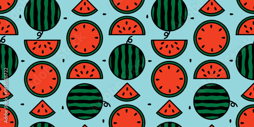 夏の果物スイカの手描き風パターン素材