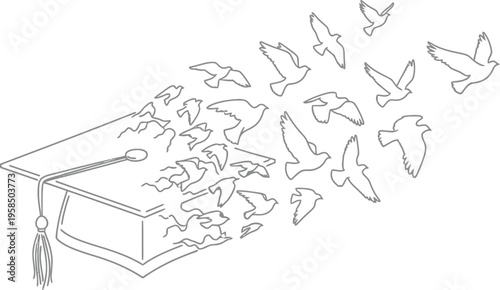 Conceptual illustration depicting a mortarboard cap morphing into flying birds, signifying the freedom and opportunities gained through education and graduation.