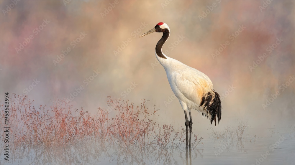 Fototapeta premium A Red-Crested Crane Stands Poised in Gentle Mist Amongst Reeds, Evoking Serenity and Nature's Grace