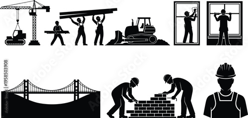 Construction industry silhouettes set featuring workers building, crane lifting, heavy equipment, bridge structure, window installation, masonry work, and engineering labor icons