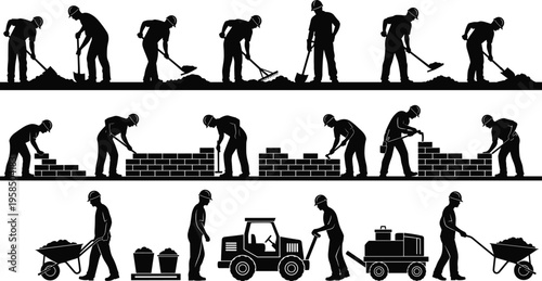Construction worker silhouettes performing digging, bricklaying and material transport tasks isolated on white background, industrial labor, building process and worksite activity concept illustration