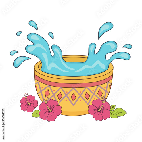Traditional Ceramic Bowl with Splashing Water and Hibiscus Flowers