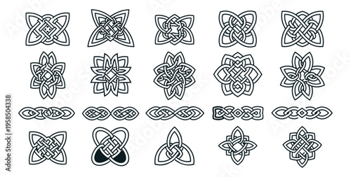 Celtic knot patterns collection isolated on black background