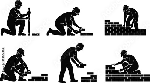 Bricklayer worker silhouettes laying bricks and leveling wall isolated on white background, masonry process, construction labor, manual work and industrial building concept illustration